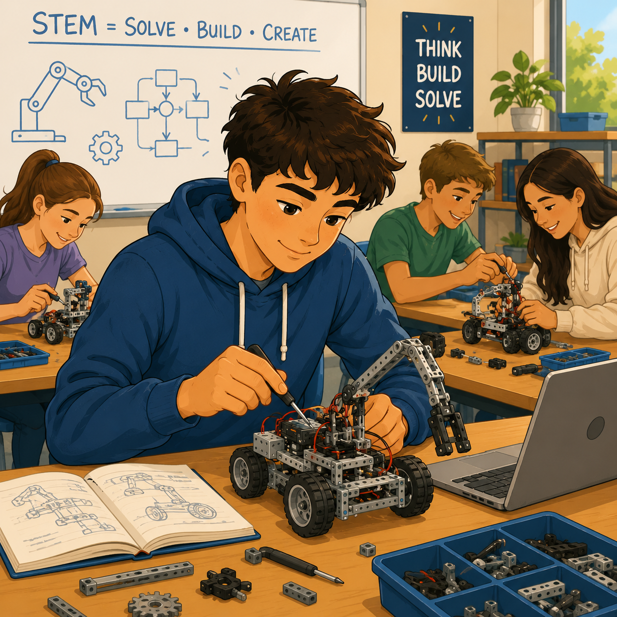 A cartoon-style illustration of a middle or high school student in a blue hoodie building a small robot at a desk in a STEM classroom, with tools, parts, and a notebook nearby, while other students work on robotics projects in the background.